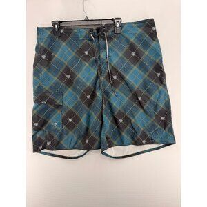 O'Neill Green Plaid Board Shorts Mens 38 10" Crest AOP Swim Trunks